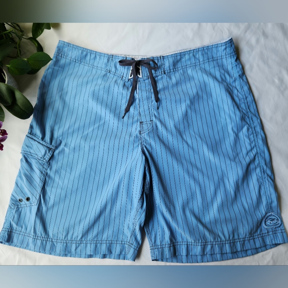 Y2K VTG Billabong Sz 42- XL Men's Blue Grey Stripe Swim Trunk Boardshorts
